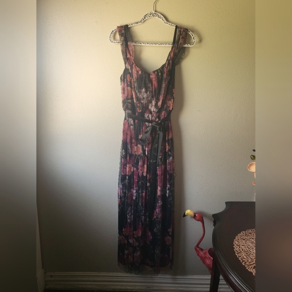 Maxi black floral sparkle mesh lined poly dress